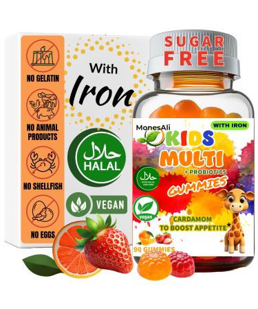 MonesAli Kids Multivitamin Gummies with Iron & Probiotics Vegan Gelatin-Free Halal Orange & Strawberry Flavors 90 Count