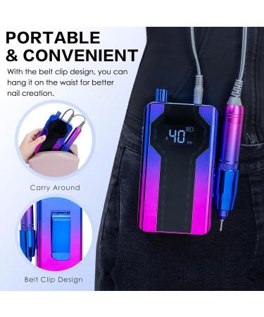 Delanie 40000 RPM Electric Nail Drill E File Rechargeable Portable with 8 Bits for Nail Polish Acrylic Gel Electric Nail File Professional Perfect Gift for Nail Lover-Blue-Violet - Buy Online on GoSupps.com