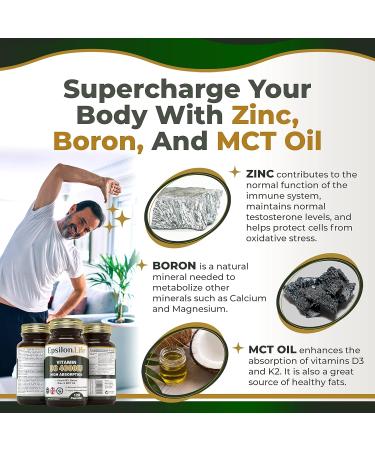 Vitamin D3 K2 Zinc Supplement - High Strength Formula with Vitamin K2 Mk7, Zinc, Boron, and MCT Oil - 4000IU - 120 Capsules - Made in the UK - Buy Online on GoSupps.com