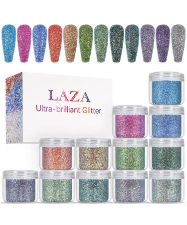 Laza 12 Colors Nail Art Glitter Peacock Powder Holographic Glitter Shining Sugar Effect Nail Powders Peacock Color Sandy Dust Sequins for Nail Art Tips Decoration DIY Crafts - Azure Pink and Gold