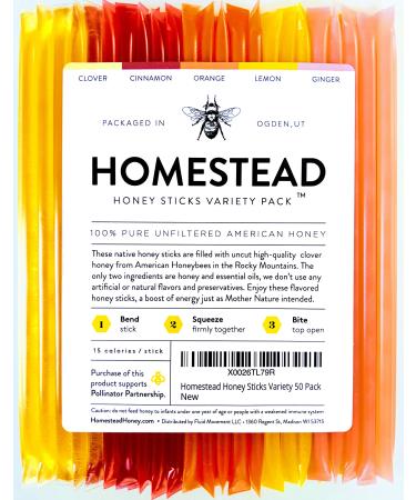 Homestead Flavored Honey Sticks (50 Pack), 5 Flavors Include Clover, Cinnamon, Orange, Lemon, Ginger, Pure American Honey Sticks with Essential Oils for Taste 1 Count (Pack of 50)