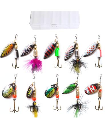 kingforest 5-10-20pcs Fishing Lures Spinnerbait for Bass Trout Salmon Walleye Hard Metal Spinner Baits Kit with Tackle Box 10pcs
