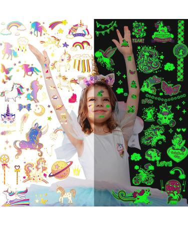 80 Pieces Unicorn Temporary Tattoos for Kids Glow in the Dark Unicorn Tattoos Stickers Fake Girl's Colourful Luminous Temporary Unicorn Tattoo for Girl Kid Unicorn Birthday Decoration Party Supplies