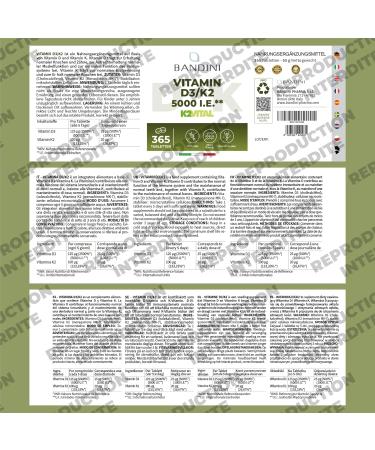Bandini Vitamin D3 + K2 | 365 Tablets (ANNUAL ADVANCE) - Premium Quality: 200mcg K2VITAL - 99.7+% All-Trans K 2-MK7 + 1000 IE Vitamin D Cholecaciferol | Bone Teeth Immune System - Buy Online on GoSupps.com