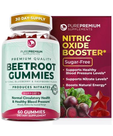 PurePremium Beet Root Gummies 50:1 Extract - 60 Sugar Free Chews - Super Nitric Oxide Beetroot Gummies | Natural Blueberry Flavor - Supplements for Normal Blood Pressure