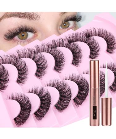 False Eyelashes with Lash Glue D Curl Natural Fake Mink Eye Lashes Fluffy 18MM Clear Band Wispy Eyelashes Cat Eye Lashes Strip Eyelashes Natural by PHKERATA 7 Pairs Fluffy Lashes with Glue
