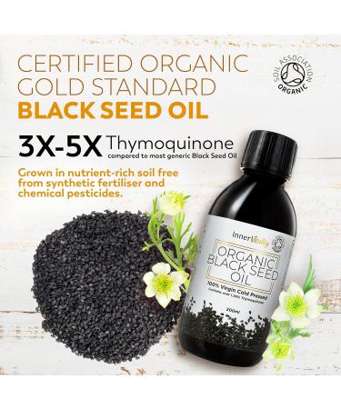 Organic Black Seed Oil Cold Pressed - 200ml High Strength 3X% - Certified Pure Virgin Oil - Omega 3 6 & 9 - Glass Bottle - by Inner Vitality - Buy Online on GoSupps.com