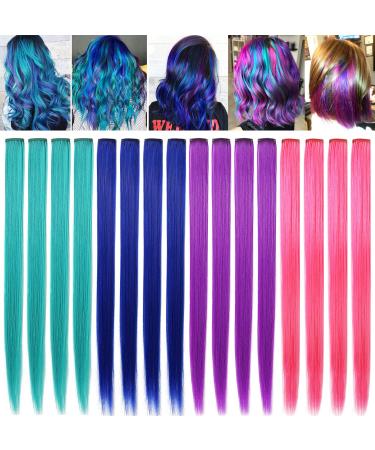 FYHTSD 16PCS Blue&Pink&Purple&Teal Wig Pieces for Girls Colored Hair Extension Party Highlight Multiple Colors Hairpieces teal pink blue purple
