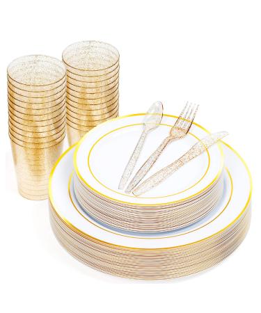 MATANA 150-piece Party Tableware Set in White and Gold for 25 Guests - 25 Plastic Plates 25 Dessert Plates 25 Spoons 25 Forks 25 Knives and 25 Party Cups