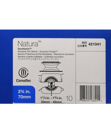 Natura Moldable Durahesive Skin Barrier Accordion Flange with Hydrocolloid Flexible Collar Opening 1-5/16" to 1-3/4" (33 45mm) Flange 2-3/4" (70mm) Part No. 421041 Qty 10 Per Box