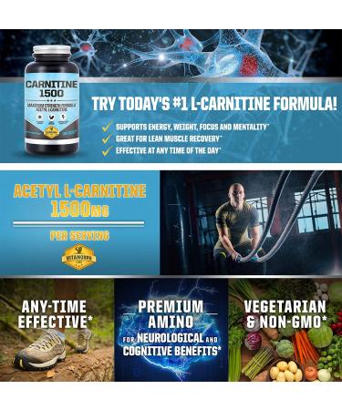 Carnitine 1500 - Maximum Strength Acetyl L-Carnitine Supplement for Energy, Memory, Focus & Weight Loss - 120 Vegetarian Capsules - Buy Online on GoSupps.com