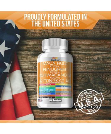 Stamiron Maca Root, Fenugreek, Ashwagandha Supplement 2000mg/3000mg/5000mg - USA Made with Tongkat Ali, Dong Quai, Ginkgo Biloba, and More (60 Ct) - Buy Online on GoSupps.com
