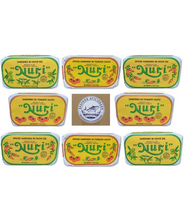 NURI Portuguese Sardines Variety Pack | 8 Pack Gift Box Bundle By Seafood Aficionado | Two of Each | Pure Olive Oil, Spiced Pure Olive Oil, Tomato and Olive Oil AND Spiced Tomato and Olive Oil - Buy Online on GoSupps.com