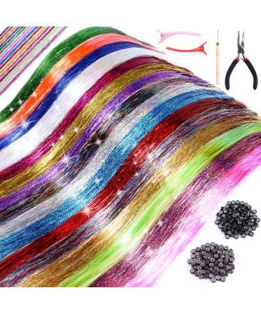 Hair Tinsel Kit 16 Colors Tinsel Hair Extensions 3200 Strands 47 Inches Fairy Hair Tinsel Heat Resistant Glitter Hair Extensions Sparkling Shiny Hair Tensile for Christmas Halloween Party with Tool