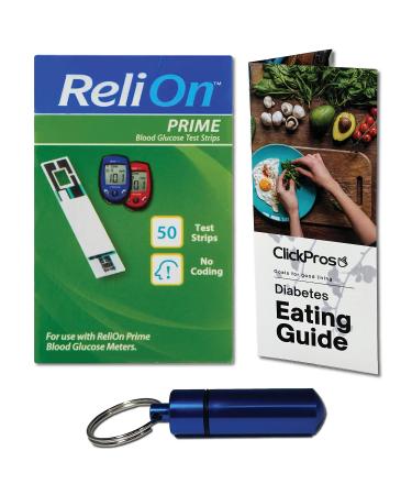 ReliOn Reli On Prime Blood Glucose Test Strips 50 Ct Bundle Plus Exclusive Diabetes Eating Guide  ClickPros Guide and Portable Pill Container (3 Items)!