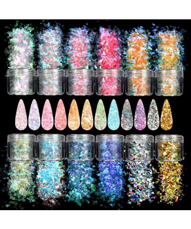 Allstarry 12 Colors Mermaid Nail Chunky Glitter Ultra-Thin Fluorescent Glass Paper Irregular Iridescent Sequin Flakes Glitters Sticker for Nails Art Decoration Hair Eyes Face Body DIY Craft Mermaid Glitter