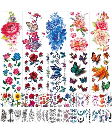 42 Sheets Flowers Temporary Tattoos Stickers, Roses, Butterflies and Multi-Colored Mixed Style Body Art Temporary Tattoos for Women, Girls or Kids