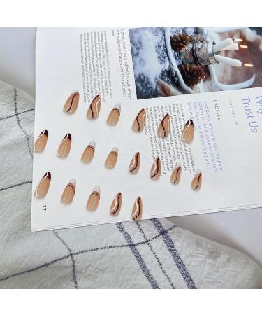 Buy White Brown French Press Almond Nails | Medium Camellia Acrylic Press-On Fake Nails with Glue - Perfect for Youthful Manicure Style - Buy Online on GoSupps.com