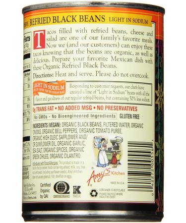 Amy's Organic Light in Sodium Black Refried Beans - 15.4 oz (Pack of 6) - Vegetarian & Delicious - Buy Online on GoSupps.com