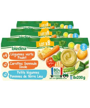 Blédina Small Pots for Babies, Aged 6 Months, Carrots, Semolina, Turkey/Vegetables Potatoes Place/Vegetables, Chicken, 24 x 200 g (Pack of 3 x 8)