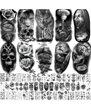 Bilizar 62 Sheets Scary Vampire Skeleton Temporary Tattoos For Men Women Adults, Halloween Skull Evil Demon Fake Tattoo Stickers Kids Compass Flower Rose Lion, Small 3D Realistic Tatoos Thigh Arm Neck