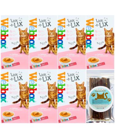 Cat Treats bundle contains Lick e Lix Salmon Webbox Licky Lix Kitten Treats and Snacks Lick-e-Lix Pack of 7 x 5's - Total 35 x 15g sachets and our Silvervine Chew Sticks - Buy Online on GoSupps.com