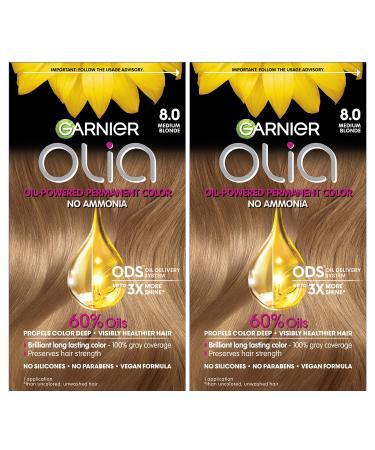 Garnier Hair Color Olia Ammonia-Free Brilliant Color Oil-Rich Permanent Hair Dye 8.0 Medium Blonde 2 Count (Packaging May Vary)