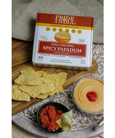 Pride Of India Spicy Chickpea Masala Papadum Lentil Crisps 10ct - Gluten-Free Vegan Crackers 3.53oz - Healthy Protein Fiber & Iron Rich Snacks - Buy Online on GoSupps.com