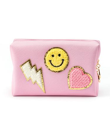 LieToi Preppy Patch Small Toiletry Bag Smile Lightning Heart PU Leather Portable Waterproof Makeup Cosmetic Bag Daily Use Storage Purse Travel Organizer Compliant Bag for Women Girls Gift (Pink) Small Pink