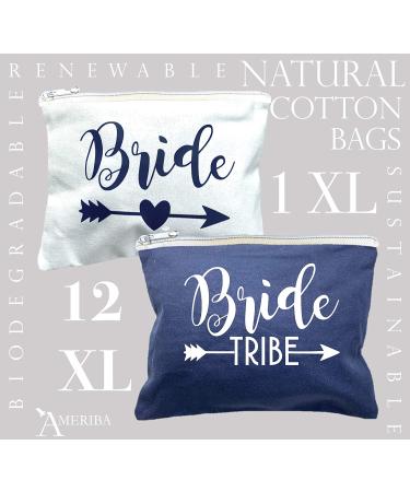 12 Pack Bridesmaids Makeup Bags Set + Bride Bag | Premium XL Natural Cotton Canvas - Bachelorette Party & Bridal Shower Gifts - White & Navy Blue - Buy Online on GoSupps.com