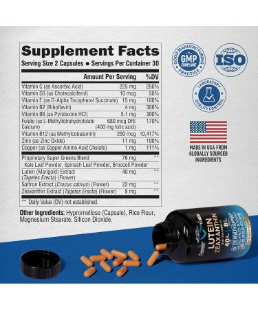 Eye Vitamins - Lutein and Zeaxanthin Supplements - AREDS2 Based Supplement for Seniors & Adults - Eye Health & Vision Support - Saffron Zinc Vitamins Copper Super Greens - Made in USA 60 Capsules - Buy Online on GoSupps.com