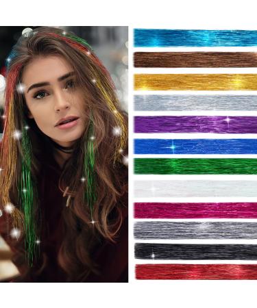 SEGO Hair Extension Tinsel Kit With Tools 12 Colors 2400 Strands Tinsel Hair Extensions 47 Inch Sparkling Shiny Hair Tinsel Highlights Glitter For Women Beauty Multi Color - 6