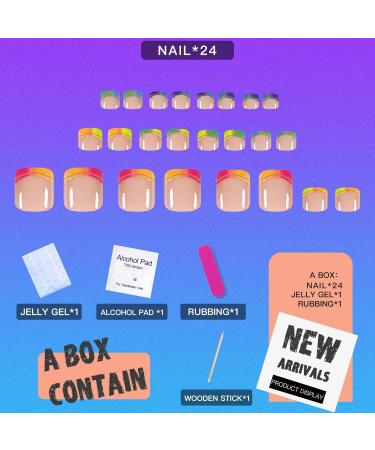 Neon Press on Toenails - Short Square Glue-On Gradient Rainbow French Tips | Summer Beach Fake Toenails for Women - Buy Online on GoSupps.com