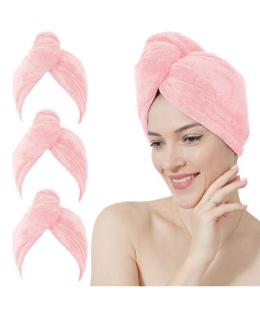 MOONQUEEN Coral Velvet Microfiber Hair Towel Wrap for Women - Thicken 380GSM - Super Absorbent Quick Dry Hair Turban for Drying Curly Long Thick Hair - 3 Pack (Pink, 10x26 Inch)