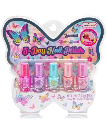 Hot Focus Kids Nail Polish Set for Girls - 5 Piece Colorful Scented Water Based Washable Quick-Dry, Peel Off, Fun & Creative Nail Art Set for Pretend Spa & Salon Days, Parties, Sleepovers, Makeovers