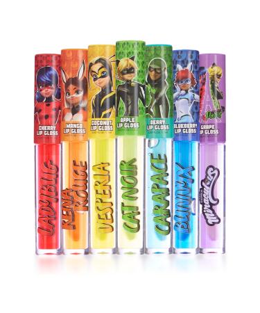 Miraculous 7pc Lip Gloss Set - Zag Heroez Lipgloss Collection Featuring Exciting Fruit Flavors & Precision Applicator Lip Gloss Tubes With Wand