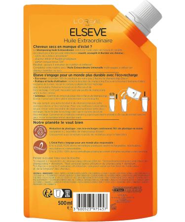 L'Or al Paris Elseve Huile Extraordinaire Nourishing Shine Shampoo Enriched with 6 Rare Flower Oils for Dry Hair Nourishes and Softens Hair Eco-pack Refill 500ml - Buy Online on GoSupps.com