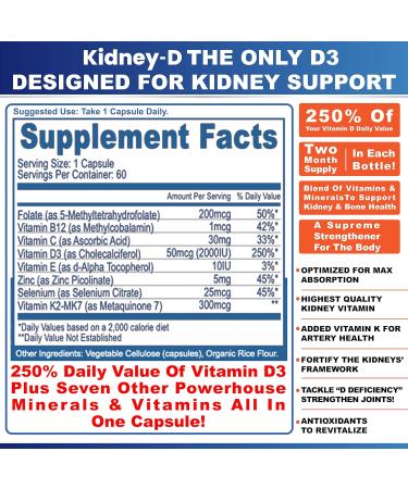 Kidney-D Kidney Supplement. Vitamin D Optimized for Kidney Support. Vitamin D3 and 7 Kidney Vitamins and Nutrients Designed for Kidney Health and More 60 Count (Pack of 1) - Buy Online on GoSupps.com