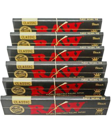 RAW Classic Black King Size Slim Natural Unrefined Ultra Thin 110mm Rolling Papers (6 Packs) 32 Count (Pack of 6)