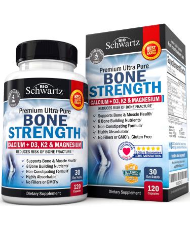 Bone Strength Supplement with Calcium + D3 K2 & Magnesium - Highly Absorbable Vitamin Blend for Bone & Muscle Support - Non-Constipating Formula - 8 Bone Building Nutrients - USA Made 120 Capsules 120.0 Servings (Pack of 1)