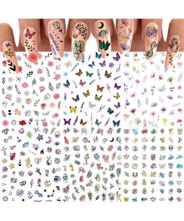 EGMBGM 6 Sheets Watercolor Floral Leaf Rose Flowers Nail Stickers For Nail Decorations  Self-adhesive Abstract Lady Face Lavender Butterfly Nail Decals Accessories  Colorful Funny Animals Nail Art Sticker Decals For Wome...