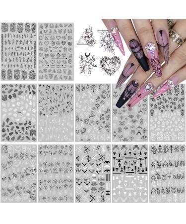 EBANKU 12 Sheets Black White Nail Art Sticker, Leaves Retro Flower Vine Pattern Decals French Classic Simple Self Adhesive Decals, for Girl Women Nails Art DIY Decoration 12 Count (Pack of 1)