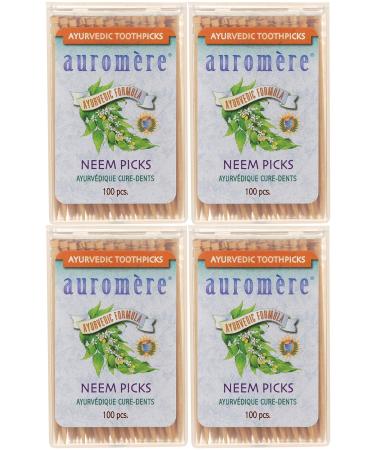Auromere Ayurvedic Neem Toothpicks - Vegan Natural Non GMO Made from Birchwood (100 Count) 4 Pack