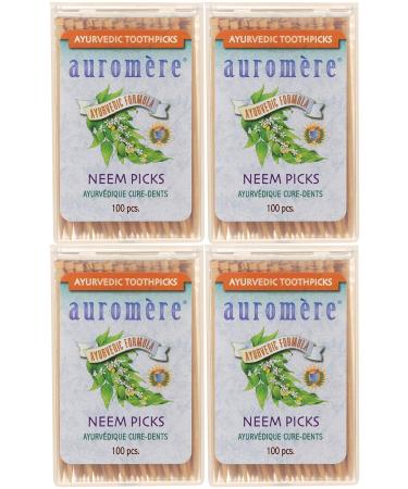 Auromere Ayurvedic Neem Toothpicks - Vegan Natural Non GMO Made from Birchwood (100 Count) 4 Pack