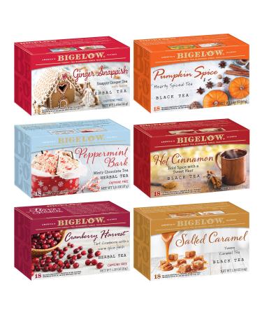 Bigelow Seasonal Tea 6 Flavor Variety Pack, Mixed Caffeinated and Caffeine Free, 18 Count (Pack of 6), 108 Total Tea Bags