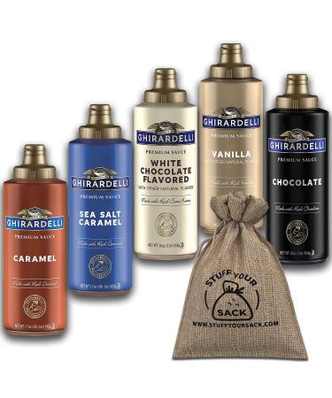 Ghirardelli Sauce 5 Flavor Variety Pack & Burlap Gift Sack | 16OZ Black Label Chocolate, Caramel, Sea Salt Caramel, Vanilla & White Chocolate | Ice Cream Toppings & Coffee Flavoring by Stuff Your Sack