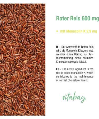 Vitabay Red Rice 600 mg - 120 Vegan Tablets with Monacolin K | High Dose Preservative-Free Made in Germany - International Shipping Available - Buy Online on GoSupps.com