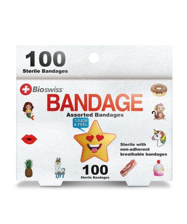 Bioswiss Assorted Food Animal and Character Shaped Bandages First Aid Latex Free Adhesive Bandage for Kids and Adults, 100 Pack Assorted 100 Piece Assortment