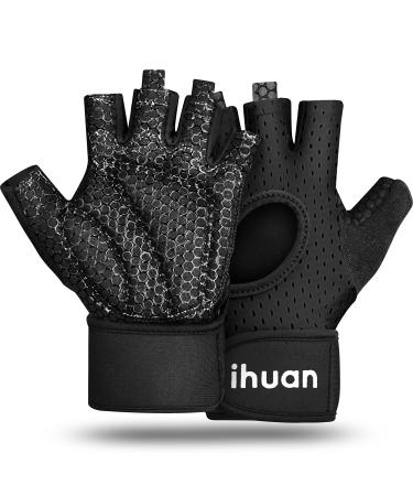 ihuan Breathable Weight Lifting Gloves: Fingerless Workout Gym Gloves with Wrist Support | Enhance Palm Protection | Extra Grip for Fitness | Lifting | Training | Rowing | Pull-ups black X-Small