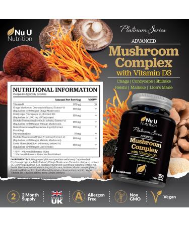 Mushroom Complex with Lions Mane 320mg - 150 Vegan Capsules | High Strength 6 Types of Mushrooms - Chaga, Cordyceps, Shiitake, Reishi, Maitake & Lion's Mane with Vitamin D | Lion's Mane Supplement - Buy Online on GoSupps.com